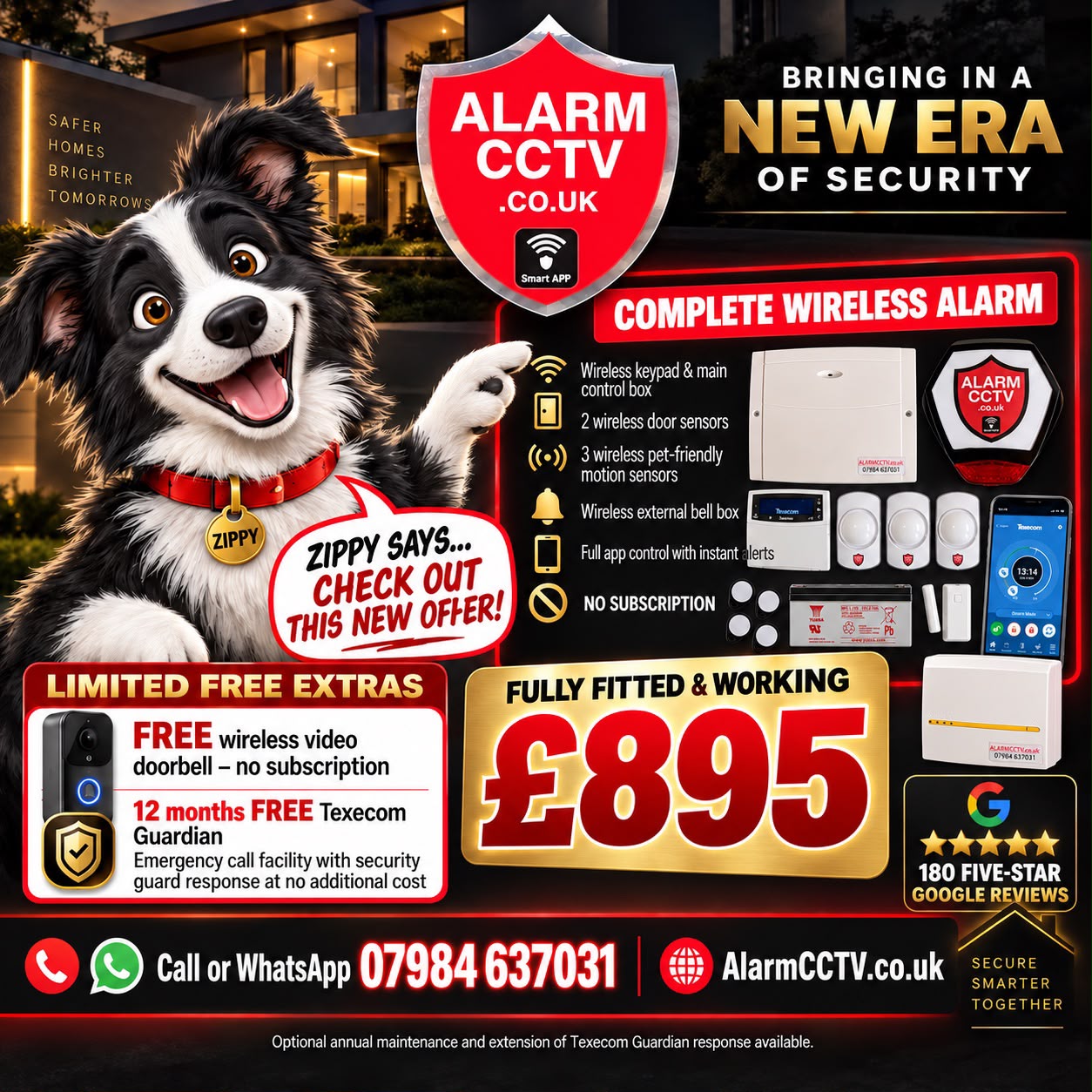 AlarmCCTV offer poster: complete wireless alarm system fully fitted for £895 with free wireless video doorbell and 12 months free Texecom Guardian guard response