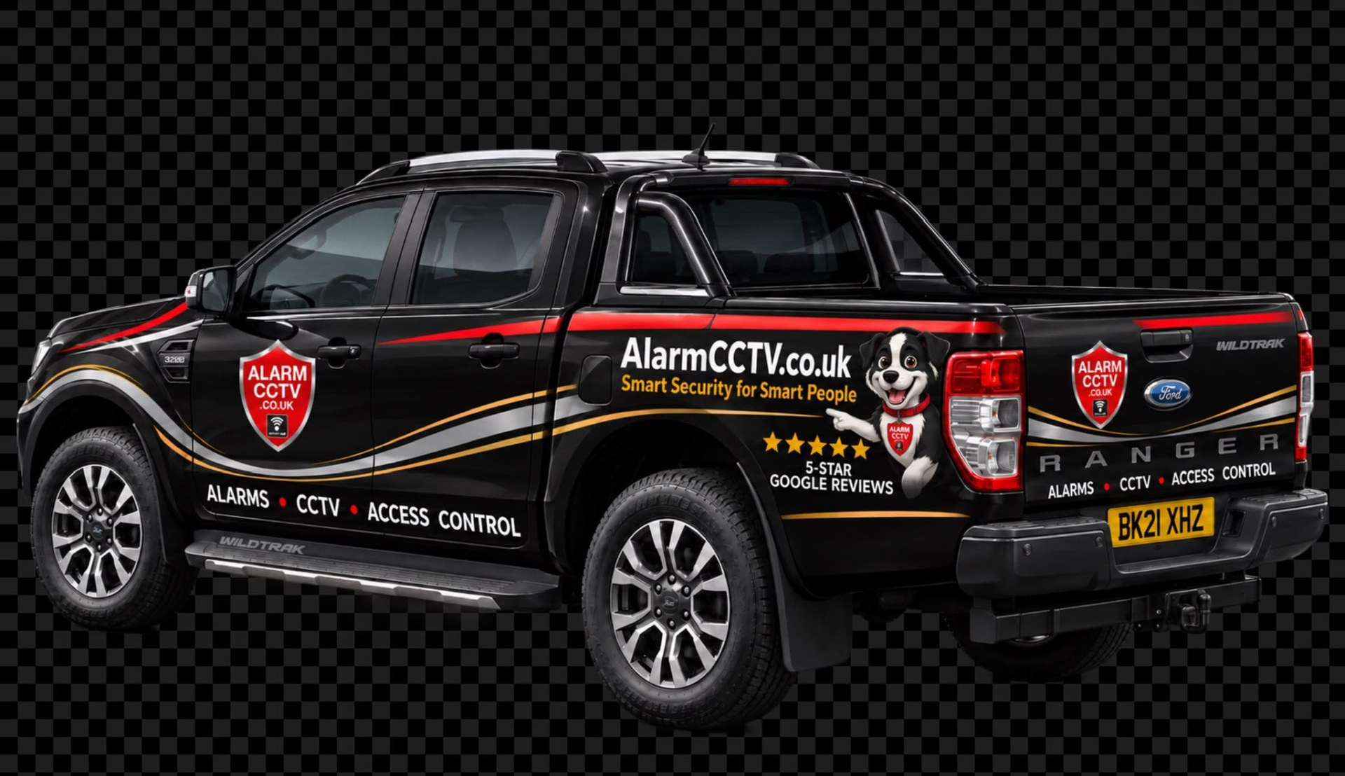 Side of the AlarmCCTV Ford Ranger showing Smart Security for Smart People, Zippy the mascot, 5-star Google reviews and Alarms, CCTV and Access Control livery